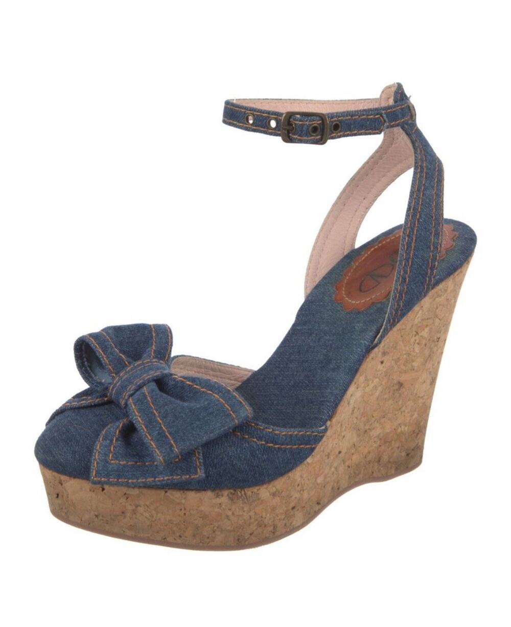 Red Valentino Denim Bow Wedge Heel Espadrille Ankle Wrap Size EU 40 EUC